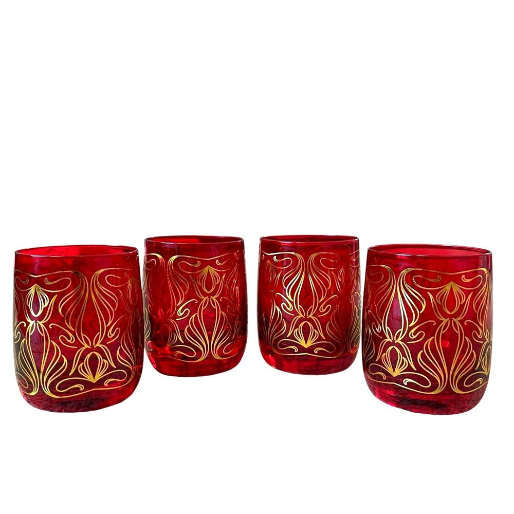 Neiman Marcus Holiday Red Gold Double Old Fashion Glass 4 Gift Box Prism Luster
